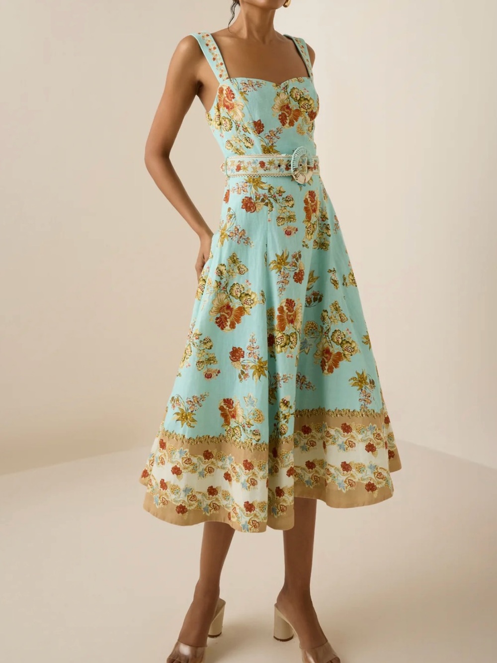 Hemant and Nandita Mint Floral Belted Midi Dress